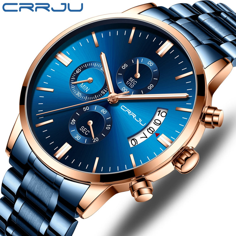 Herrenuhr CRRJU Edelstahl-Mode-Armbanduhr für Herren Top-Marke Luxus wasserdicht Datum Quarzuhren relogio masculino