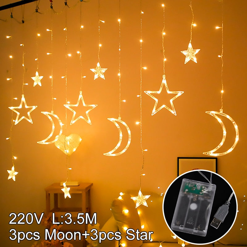 Eid Mubarak Star Moon Led cortina guirnalda luces Ramadán decoración Islam musulmán fiesta decoración Eid Al Adha regalos Eid luces