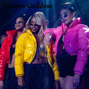 Mode süße Frauen helle PU rosa Pufferjacke Winter warme Blase Mäntel glänzende Leder Parkas Daunenreißverschluss geerntete Jacken Parkas