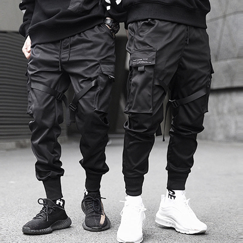 LACIBLE Hip Hop Cargo Pants Ribbons Men Black Streetwear Harajuku Techwear Tactical Pants Trousers Harem Joggers Sweatpants Punk