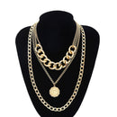 IngeSight.Z Punk Multi Layer Curb Cuban Chunky Thick Portrait Choker Necklace Women Vintage Carved Coin Pendant Necklace Jewelry