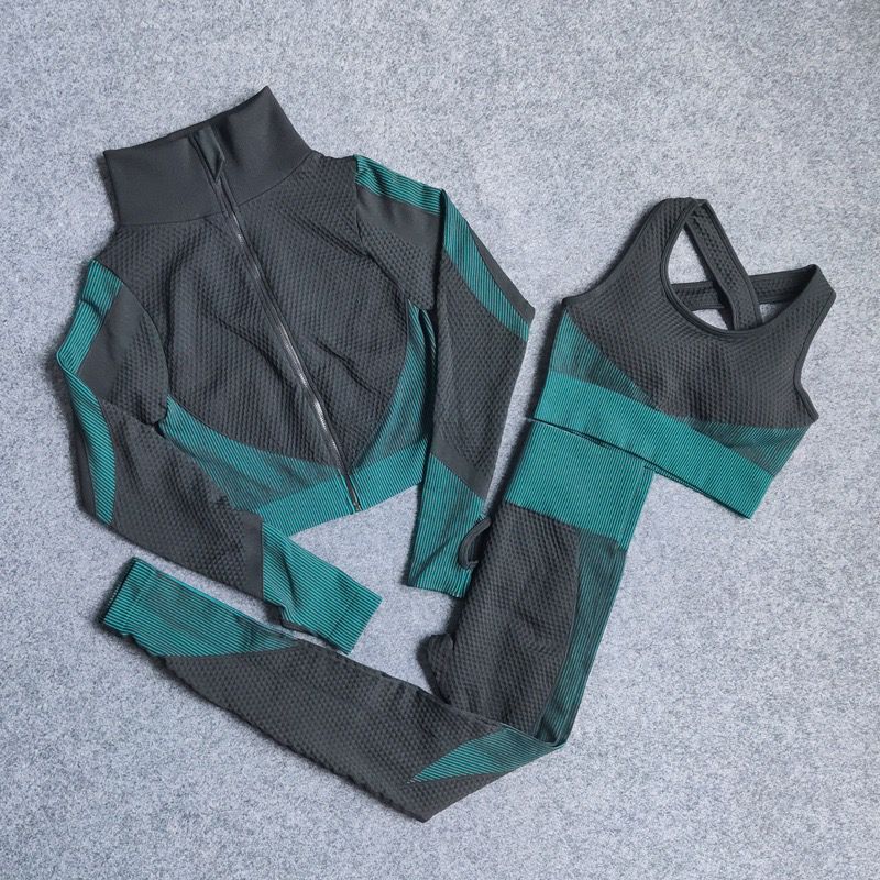 Nuevos trajes de Fitness, conjuntos de Yoga para mujer, conjuntos de 3 uds, camisa de manga larga, sujetador deportivo y mallas sin costuras, ropa de entrenamiento para correr, ropa de gimnasio