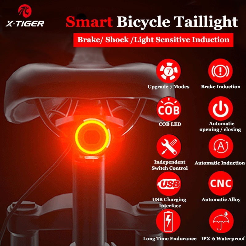 X-TIGER Luz de bicicleta inteligente a prueba de lluvia Detección de freno automático Luz trasera Bicicleta MTB Luz trasera de bicicleta USB recargable LED