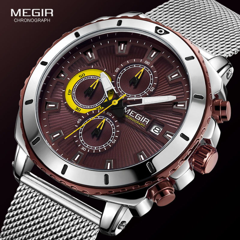 Relojes MEGIR para hombre 2020, relojes de pulsera deportivos impermeables de lujo de la mejor marca para hombre, correa de malla, cronógrafo de cara marrón, relojes de cuarzo