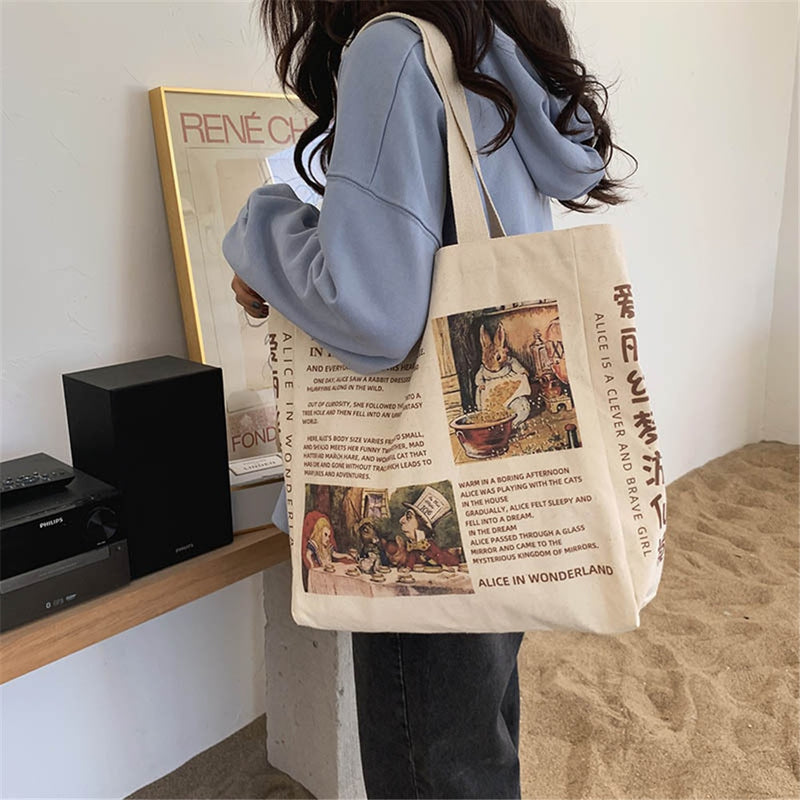 Women Canvas Shoulder Bag Alice In Wonderland Shopping Bags Students Book Bag Cotton Cloth Handbags Tote Bags for Girls Bolsos