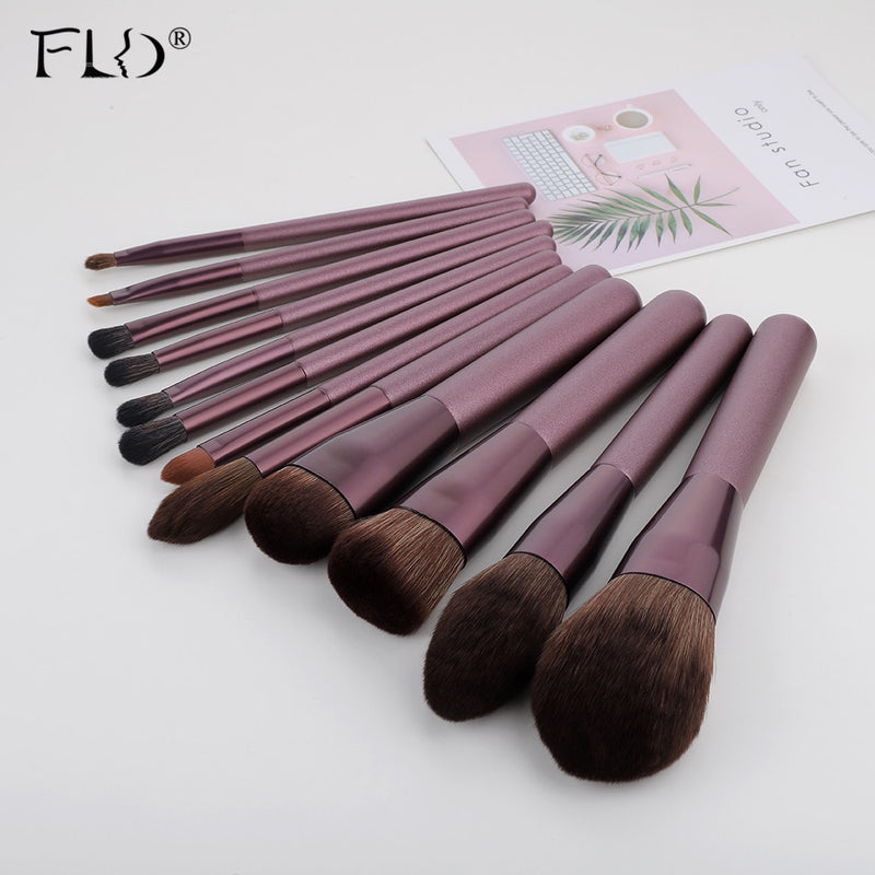 FLD 12-teiliges Make-up-Pinsel-Set mit Holzgriff Rouge-Pinsel-Set Augen-Eyeliner-Puder-Grundierung Make-up-Pinsel-Set Kosmetisches Werkzeug-Set