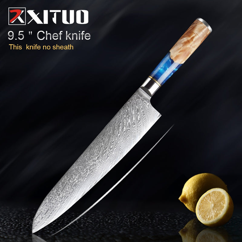 Juego de cuchillos de cocina XITUO, cuchillo de Chef de acero de Damasco, cuchillo de carnicero para pelar, cuchillo de pan, herramienta de cocina, mango de resina azul, 1-6 unids/set