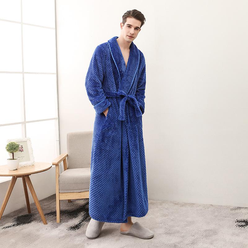 Men Plus Size 3XL Flannel Kimono Bath Gown Ultra Long Large Robe Coral Fleece Nightgown Lovers Couple Thick Warm Sleepwear MR001