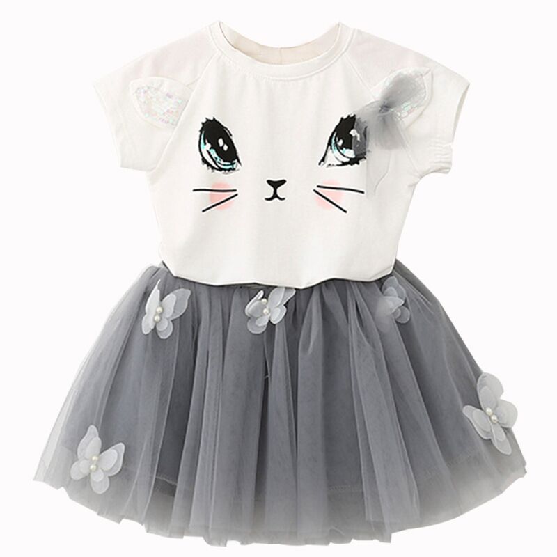 Vestido de princesa de verano para niñas, conjunto de 2 uds., camiseta con estampado de gato de dibujos animados, Top + falda tutú de malla, trajes para niños pequeños, ropa