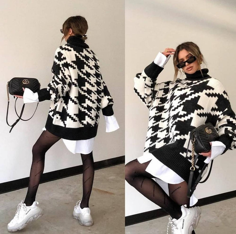 Autumn Winter Long Sleeve Oversized Sweater Women Turtleneck Black Casual Knitted Houndstooth Pullover Sweater Top Loose Jumpers