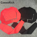 Yoga Set Women Fitness Gym Clothing Sport Suit Seamless Hollow Out Long Sleeve Crop Top High Waist Workout Leggings Sportwear