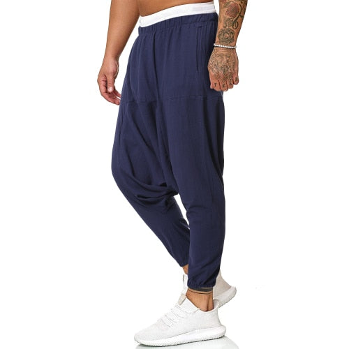 2022 pantalones cruzados de lino para hombre, pantalones bombachos holgados para hombre, pantalones negros sólidos para hombre, joggers de hip hop, ropa de calle para hombre, pantalones de piernas anchas