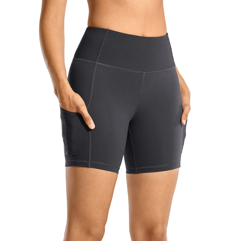 SYROKAN Pantalones cortos deportivos transpirables de lujo con sensación de desnudo para mujer Pantalones cortos con control de barriga de cintura alta con bolsillos laterales-6 pulgadas