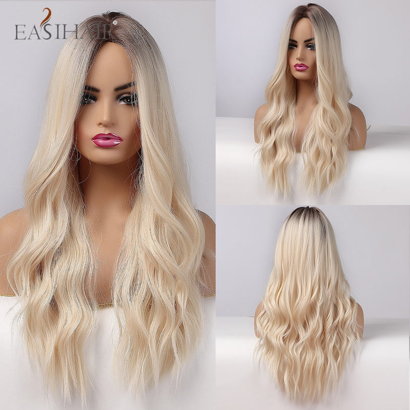 EASIHAIR largo rubio claro Ombre pelucas de estilo ondulado Natural pelucas sintéticas resistentes al calor pelucas de Cosplay de pelo de parte media para mujeres