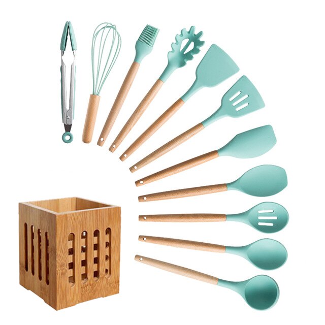 Silikon-Kochutensilien-Set Antihaft-Spachtel Suppenlöffel Holzgriff mit Aufbewahrungsbox Küchenutensilien-Set Geschenke für Mutter
