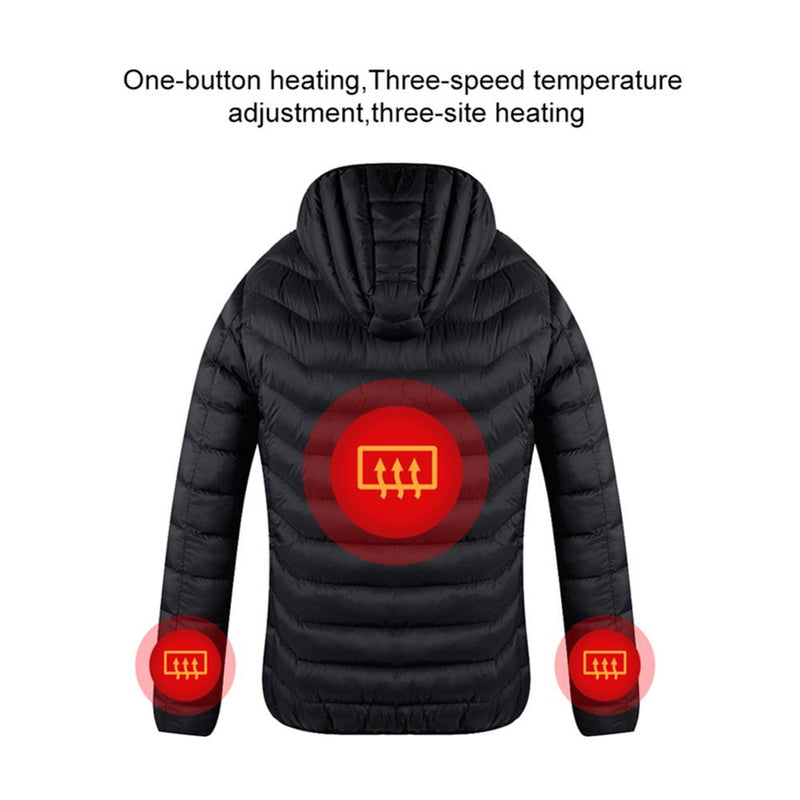 Verdicken Sie elektrisch beheizte Jacken Daunen-USB-Daunen-Baumwoll-Außenmantel mit Kapuze Winter-Thermo-Wärmer-Jacken Winter im Freien