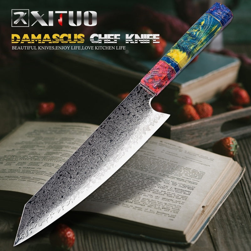 XITUO Chef's Nakiri cuchillo 67 capas japonés Damasco acero Damasco Chef cuchillo 8 pulgadas Damasco cuchillo de cocina madera solidificada HD