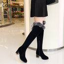 Gdgydh Natural Fur Winter Boots Women Knee High Long Boots Square Heel Winter Shoes Woman Waterproof Rubber Sole Plus Size 46