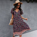 Deep V-Neck Summer Dress 2021 Beach Boho Floral Print Vintage Button Dresses Women Casual Loose A-Line Midi Long Elegant Robe