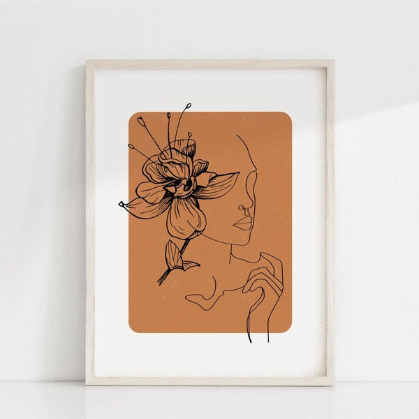 Pintura abstracta de una línea de cara de mujer, arte de pared de terracota naranja quemado, impresión en lienzo, cuadro bohemio de mediados de siglo, decoración para sala de estar