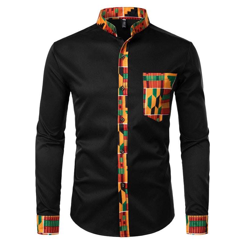 Dashiki African Mens Shirt Patchwork Pocket Africaine Print Shirt Men Ankara Style Long Sleeve Design Collar Mens Dress Shirts