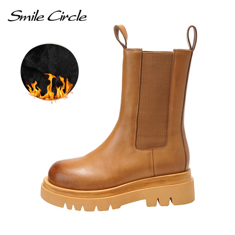 Smile Circle Autumn Slip-on Chelsea Boots Women Genuine Cow Leather fashion Round-toe Flat Platform Boots Lady shoes