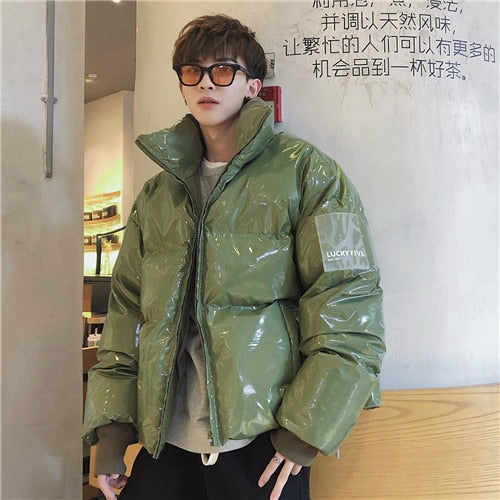 NEW Winter collar loose bright leather fabric jacket wind thick warm coat men women couple purple cotton clothing