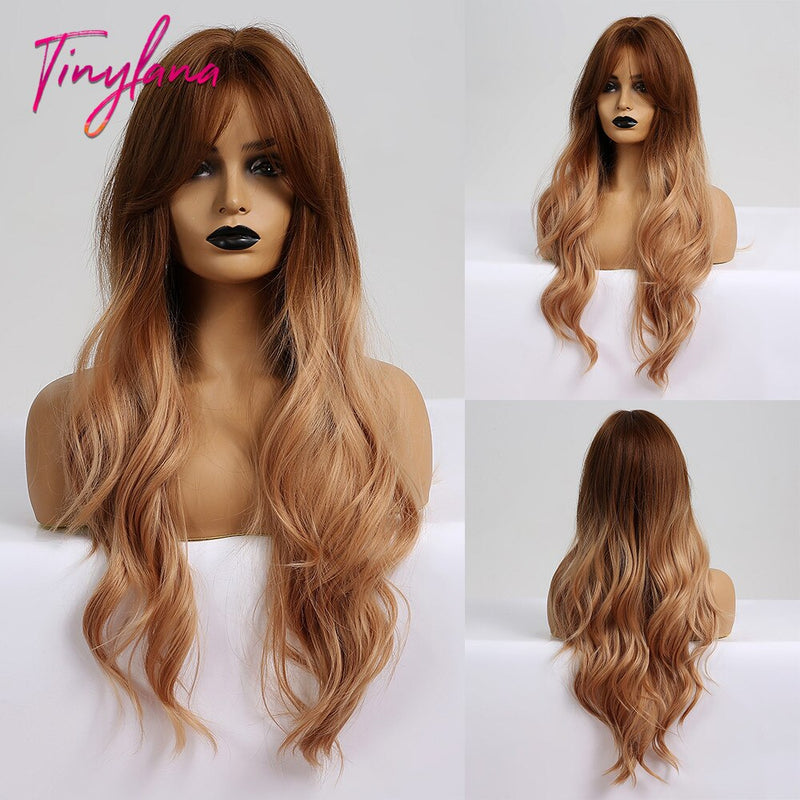 TINY LANA Synthetic Long Ombre Wavy Wigs Brown Blonde Middle Part Cosplay Wigs with Bangs For Women Long Hair Wigs Fake Hair