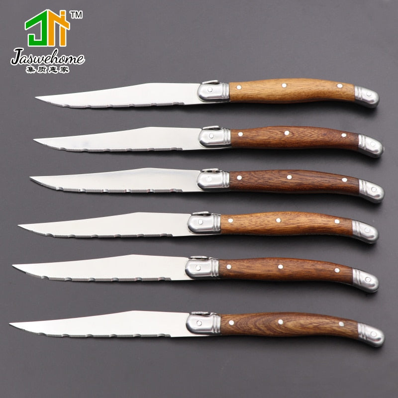 Jaswehome Set Of 6 Stainless Steel Steak Knife Dinner Tablewares Steak Knives With Solid Wood Handle Laguiole Cutlery Knife Set