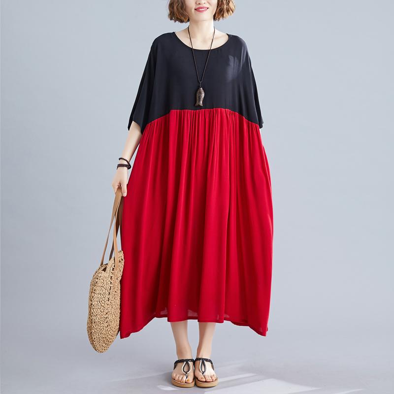 Übergroße Kleider für Frauen Sommer Übergroße Baumwolle Langes Kleid Schwarz Rot Patchwork Kleid Robe Femme 2022 Neue Ankunft