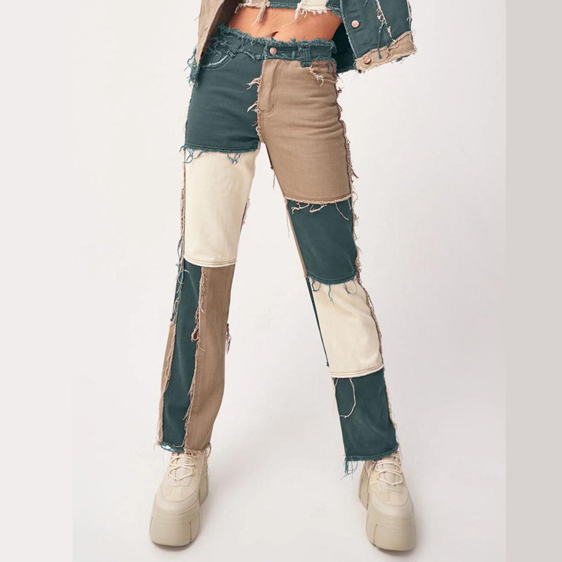 Autumn Brown Women Cowboy Striped Patchwork Jeans Street Casual Hip Hop High Waist Loose Straight Jeans Women&