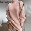 Forefair Turtleneck Long Sleeve Sweater Dress Women Autumn Winter Loose Tunic Knitted Casual Pink Gray Clothes Solid Dresses