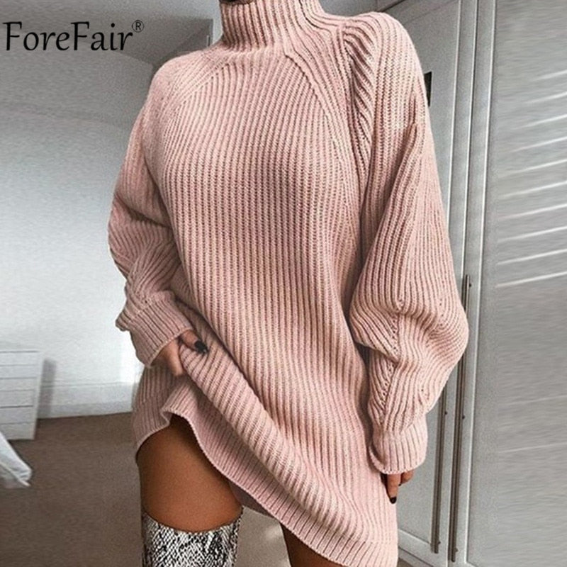 Forefair cuello alto manga larga suéter vestido mujer Otoño Invierno túnica suelta de punto Casual rosa gris ropa vestidos sólidos