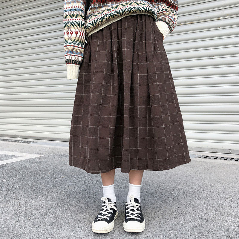 2 Farben japanischer Stil hohe elastische Taille Lange Röcke Frau 2019 Herbst Winter Plaid A-Linie Faltenröcke Damen (X1078)