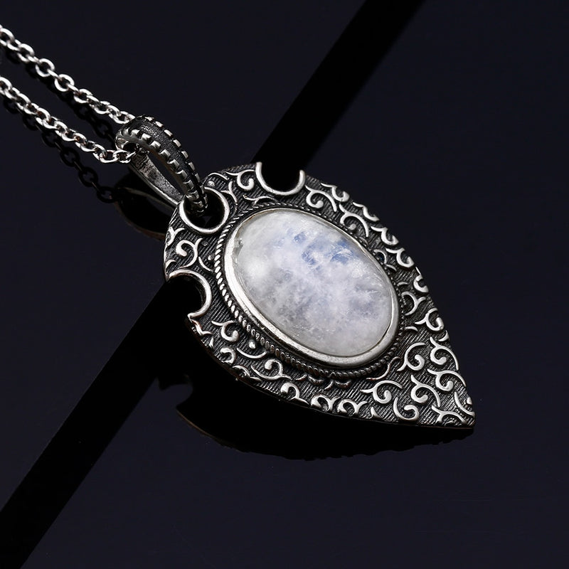 100% S925 Sterling Silver Necklace Pendant Large Oval 10*14MM Natural Moonstone Retro Bohemian Style Necklace Pendant Party