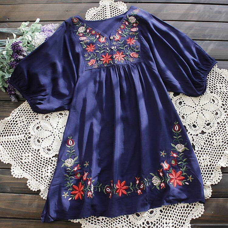 Summer Women Mexican Embroidered Floral Peasant Blouse Vintage Ethnic Tunic Boho Hippie Clothes Tops Blusa Feminina
