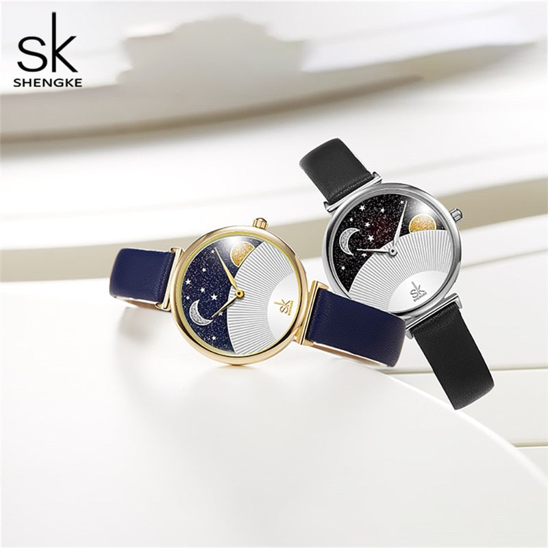 Shengke Fashion Blue Women Watch Quartz Lady Leather Watch For Women Casual Waterproof Wristwatch Romantic Moon Stars Dial