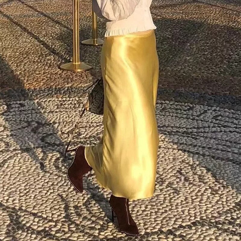 Schlanke Frauen Rosa Satinröcke für Damen 2021 Gelber dünner Bleistiftrock Mädchen Elegante Party Glatte Kleidung Jupe Femme Faldas