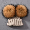 Winter Baby Knit Hat With Two Fur Pompoms Boy Girls Natural Fur Ball Beanie Kids Caps Double Real Fur Pom Pom Hat for Children
