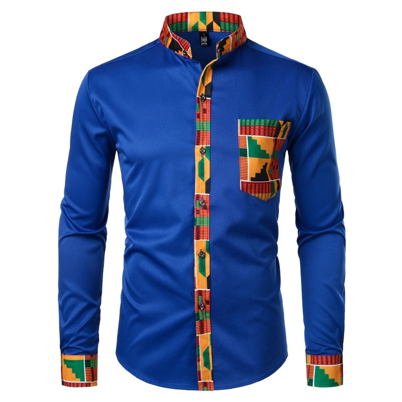 Dashiki African Mens Shirt Patchwork Pocket Africaine Print Shirt Men Ankara Style Long Sleeve Design Collar Mens Dress Shirts