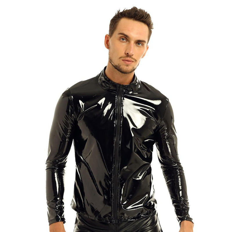 iiniim Herren Shiny Metallic Long Sleeve Front-Zip Stehkragen Tops Wet Look Lackleder Night Clubwear Shirt Top Performance