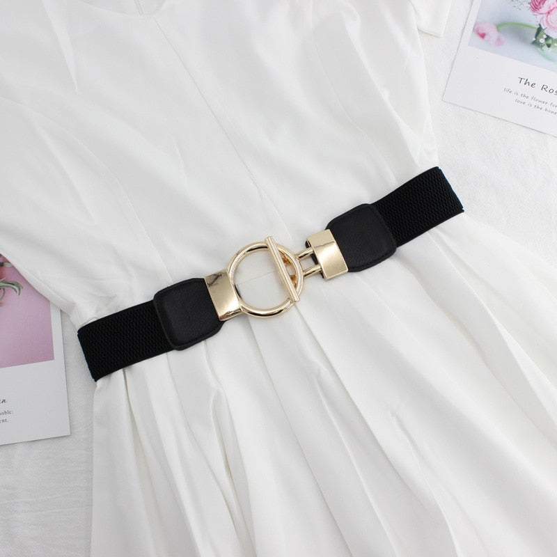 Designer Luxury Fashion Girl Elastic Belt New Dress Skirt Elastic Wide Waist Seal Gold Round Buckle Women&