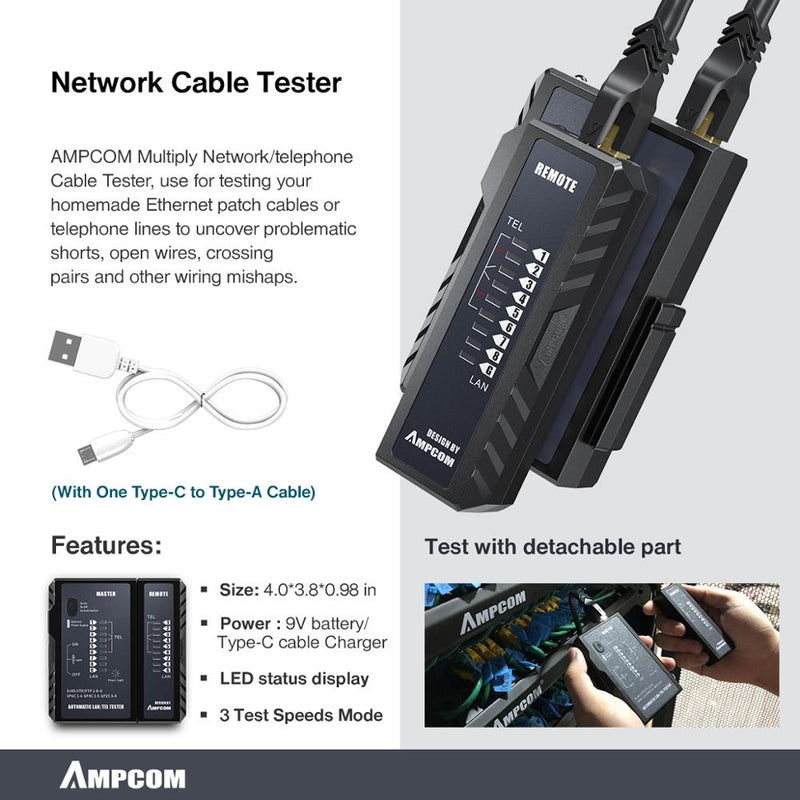 Network Tool Kit, AMPCOM 12 in 1 Professional Portable Ethernet Computer Maintenance LAN Cable Tester Crimper Cutter Repair Set