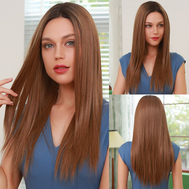 EASIHAIR Long Silky Straight Brown Blonde T Part Lace Wigs with Baby Hair High Density Heat Resistant Synthetic Wigs for Women