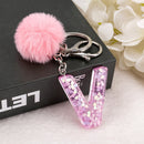 1PC Keyring Pink Color English Letter Keychain with Puffer Ball  26 English word Glitter Resin A TO Q Handbag Charms for Woman
