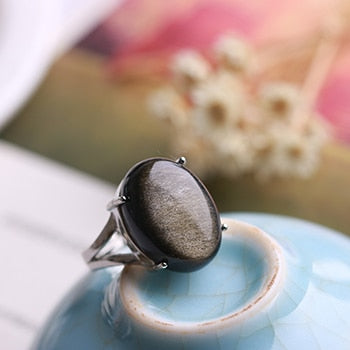 Venta al por mayor anillo de obsidiana Natural piedra de ojo de oro S925 anillo de mosaico de plata esterlina Simple hombres mujeres regalo anillo de cristal joyería