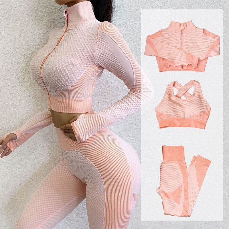 New Fitness Suits Yoga Women Outfits 3pcs Sets Long Sleeve Shirt+Sport Bra+Seamless Leggings Workout Running Clothing Gym Wear