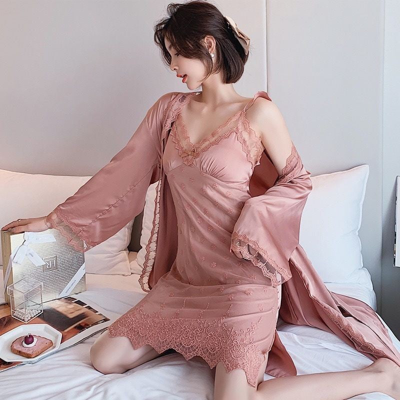 Satin Lady Robes Suit Sexy Kimono Bathrobe Gown Full Slip Lace Nightwear With Strap Nightgown Lingerie Summer Sleepwear With Bow