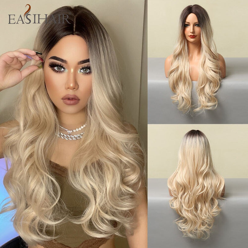 Pelucas EASIHAIR de color marrón claro con ondas de cuerpo largo y reflejos rubios, pelucas de pelo sintético resistentes al calor para Cosplay de parte media para mujeres