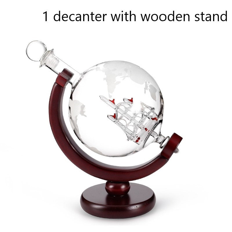 Whiskey Decanter Globe Wine Aerator Glass Set Sailboat Skull Inside Crystal with Fine Wood Stand Liquor Decanter for Vodka